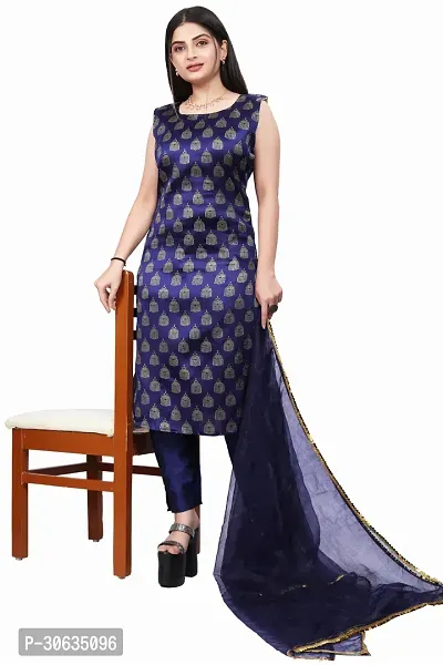 Elegant Navy Blue Banarasi Silk Jacquard Weave Dress Material with Dupatta For Women