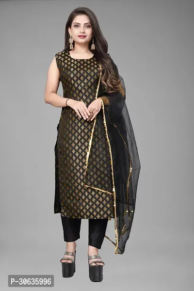 Elegant Black Banarasi Silk Jacquard Weave Dress Material with Dupatta For Women