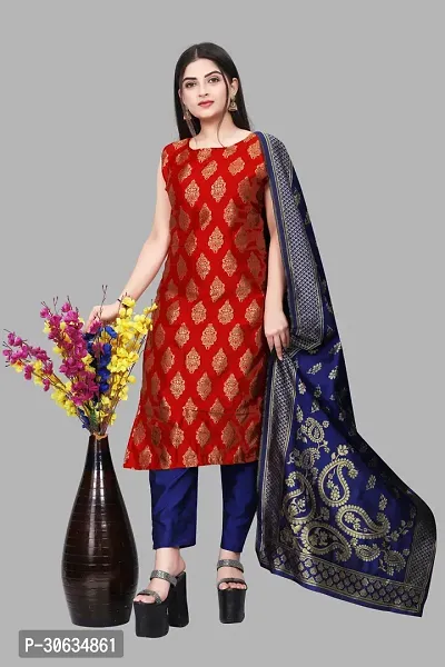 Elegant Red Banarasi Silk Jacquard Weave Dress Material with Dupatta For Women-thumb0