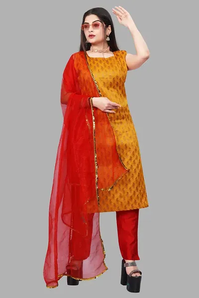 Stylish Fancy Jacquard Unstitched Dress Material Top With Bottom And Dupatta Set For Women