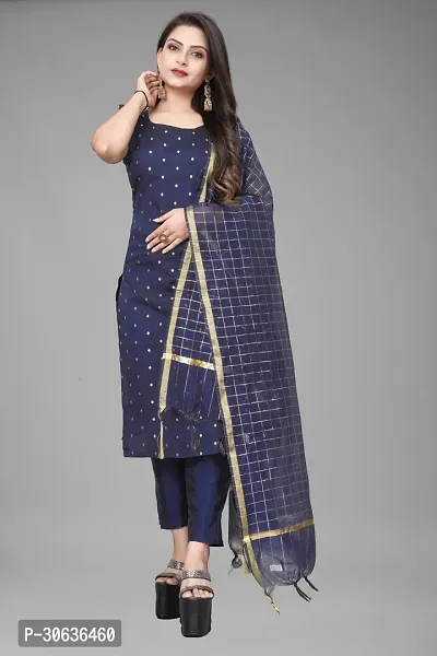 Elegant Navy Blue Banarasi Silk Jacquard Weave Dress Material with Dupatta For Women-thumb0