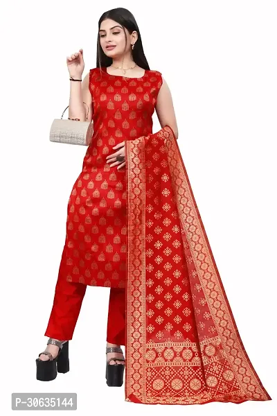 Elegant Red Banarasi Silk Jacquard Weave Dress Material with Dupatta For Women