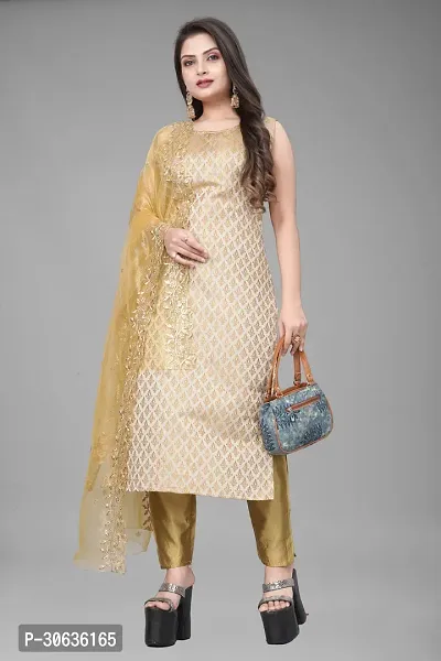 Elegant Beige Banarasi Silk Jacquard Weave Dress Material with Dupatta For Women