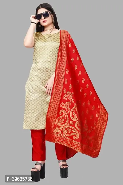 Elegant Beige Banarasi Silk Jacquard Weave Dress Material with Dupatta For Women-thumb0