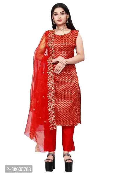 Elegant Red Banarasi Silk Jacquard Weave Dress Material with Dupatta For Women