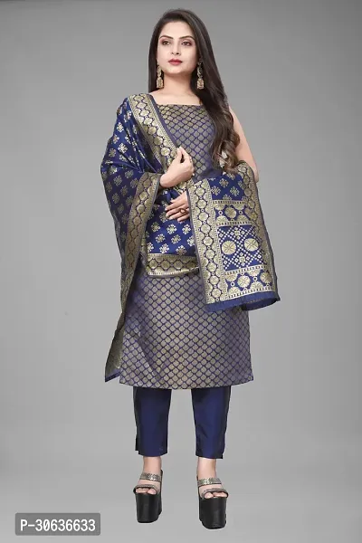 Elegant Navy Blue Banarasi Silk Jacquard Weave Dress Material with Dupatta For Women