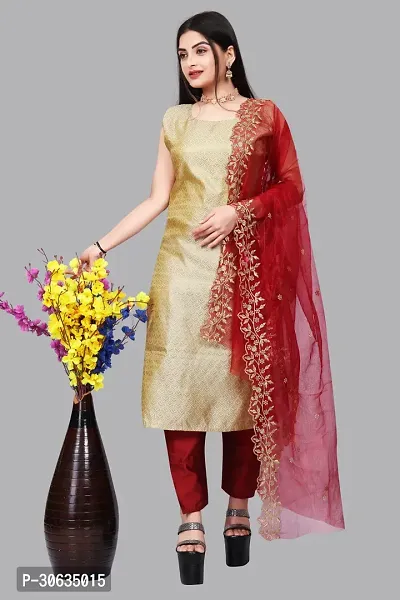 Elegant Beige Banarasi Silk Jacquard Weave Dress Material with Dupatta For Women