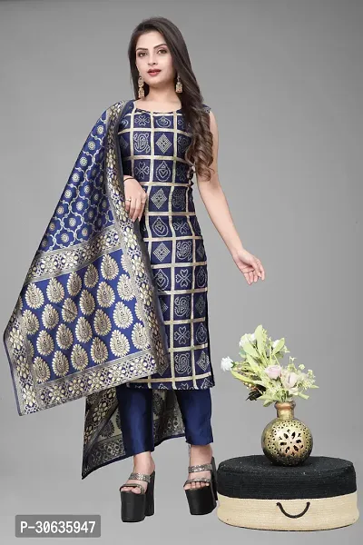 Elegant Navy Blue Banarasi Silk Jacquard Weave Dress Material with Dupatta For Women-thumb0