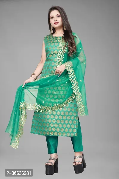 Elegant Green Banarasi Silk Jacquard Weave Dress Material with Dupatta For Women