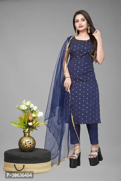 Elegant Navy Blue Banarasi Silk Jacquard Weave Dress Material with Dupatta For Women-thumb0