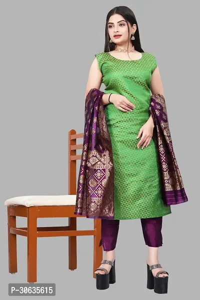 Elegant Green Banarasi Silk Jacquard Weave Dress Material with Dupatta For Women-thumb0