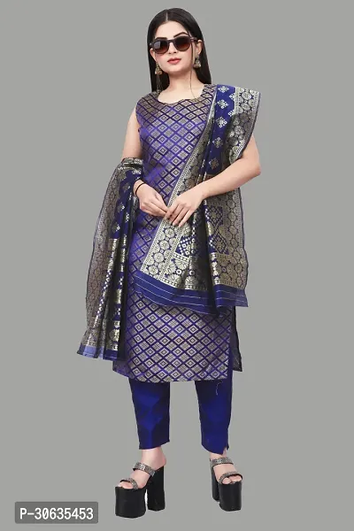 Elegant Navy Blue Banarasi Silk Jacquard Weave Dress Material with Dupatta For Women