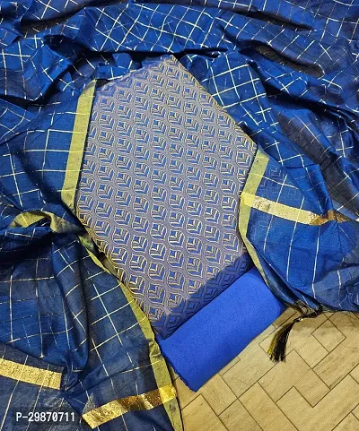 Elegant Blue Banarasi Silk Jacquard Weave Dress Material with Dupatta For Women-thumb0