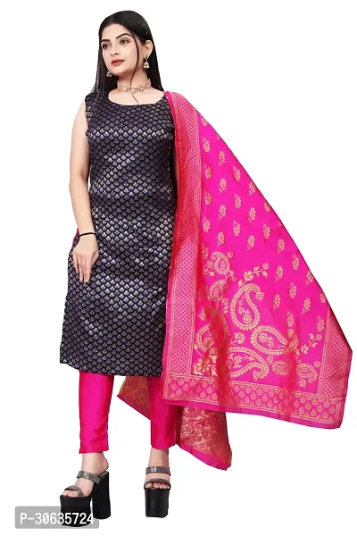 Elegant Navy Blue Banarasi Silk Jacquard Weave Dress Material with Dupatta For Women-thumb0