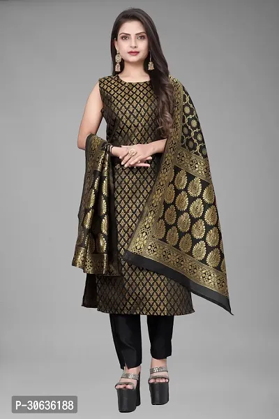 Elegant Black Banarasi Silk Jacquard Weave Dress Material with Dupatta For Women-thumb0