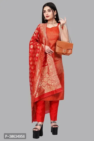 Elegant Red Banarasi Silk Jacquard Weave Dress Material with Dupatta For Women-thumb0