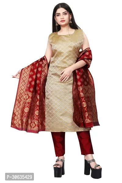 Elegant Beige Banarasi Silk Jacquard Weave Dress Material with Dupatta For Women-thumb0