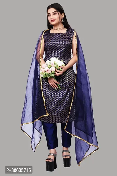 Elegant Navy Blue Banarasi Silk Jacquard Weave Dress Material with Dupatta For Women