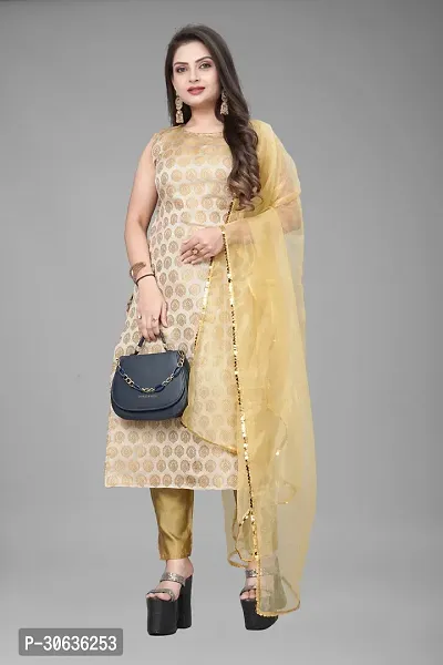 Elegant Beige Banarasi Silk Jacquard Weave Dress Material with Dupatta For Women