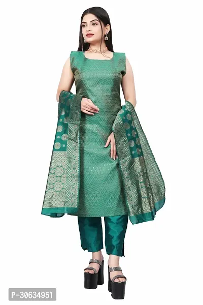 Elegant Green Banarasi Silk Jacquard Weave Dress Material with Dupatta For Women-thumb0