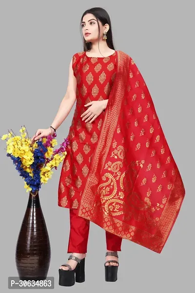 Elegant Red Banarasi Silk Jacquard Weave Dress Material with Dupatta For Women-thumb0