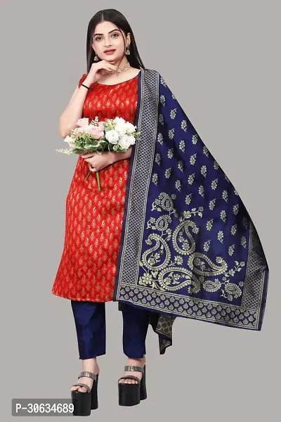 Elegant Red Banarasi Silk Jacquard Weave Dress Material with Dupatta For Women