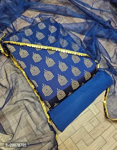 Elegant Navy Blue Banarasi Silk Jacquard Weave Dress Material with Dupatta For Women