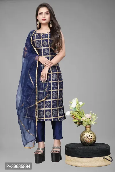 Elegant Navy Blue Banarasi Silk Jacquard Weave Dress Material with Dupatta For Women-thumb0