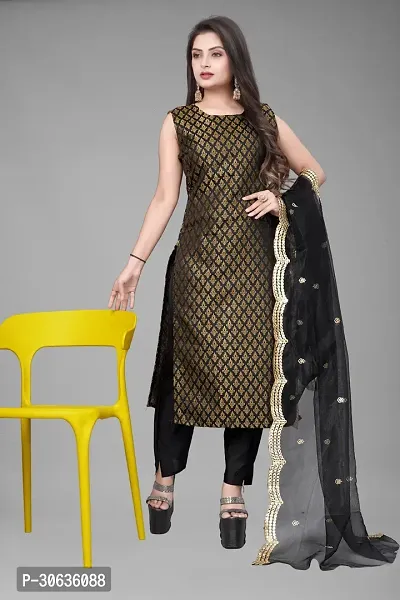 Elegant Black Banarasi Silk Jacquard Weave Dress Material with Dupatta For Women-thumb0