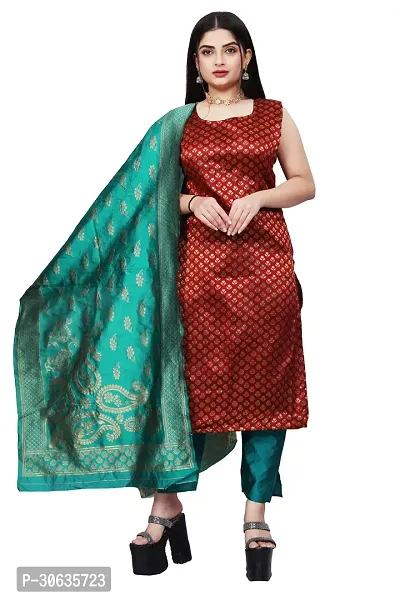 Elegant Maroon Banarasi Silk Jacquard Weave Dress Material with Dupatta For Women