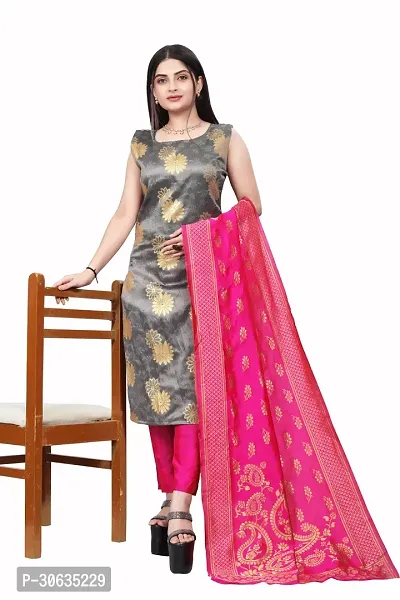 Elegant Grey Banarasi Silk Jacquard Weave Dress Material with Dupatta For Women