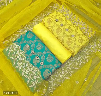 Elegant Yellow Banarasi Silk Jacquard Weave Dress Material with Dupatta For Women