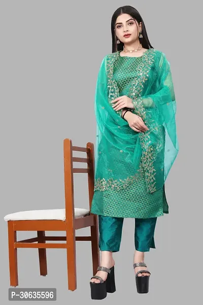 Elegant Green Banarasi Silk Jacquard Weave Dress Material with Dupatta For Women-thumb0