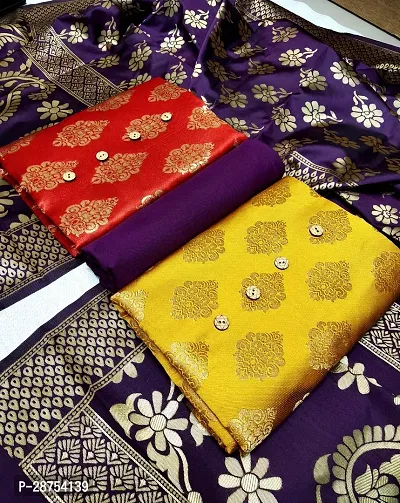 Elegant Multicoloured Banarasi Silk Jacquard Weave 2 Kurta 1 Bottom 1 Dupatta  Dress Material For Women-thumb0