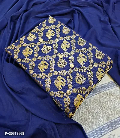 Elegant Navy Blue Banarasi Silk Jacquard Dress Material without Dupatta For Women