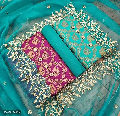 Elegant Teal Banarasi Silk Jacquard Weave Dress Material with Dupatta For Women