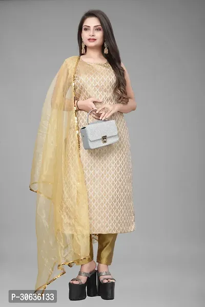 Elegant Beige Banarasi Silk Jacquard Weave Dress Material with Dupatta For Women