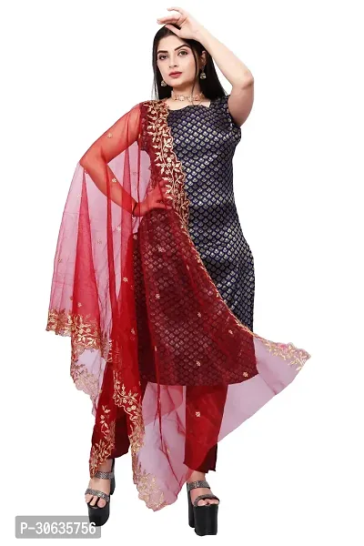 Elegant Navy Blue Banarasi Silk Jacquard Weave Dress Material with Dupatta For Women