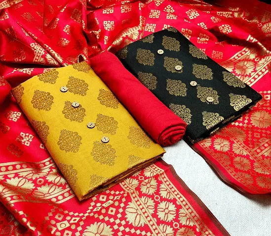 Elegant Printed Banarasi Silk Dress Material 2 Top 1 Bottom and 1 Dupatta