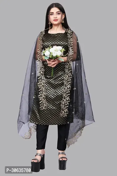 Elegant Black Banarasi Silk Jacquard Weave Dress Material with Dupatta For Women