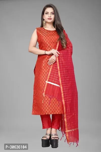 Elegant Red Banarasi Silk Jacquard Weave Dress Material with Dupatta For Women-thumb0