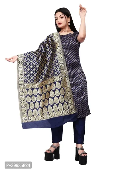 Elegant Navy Blue Banarasi Silk Jacquard Weave Dress Material with Dupatta For Women