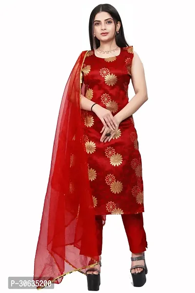 Elegant Red Banarasi Silk Jacquard Weave Dress Material with Dupatta For Women