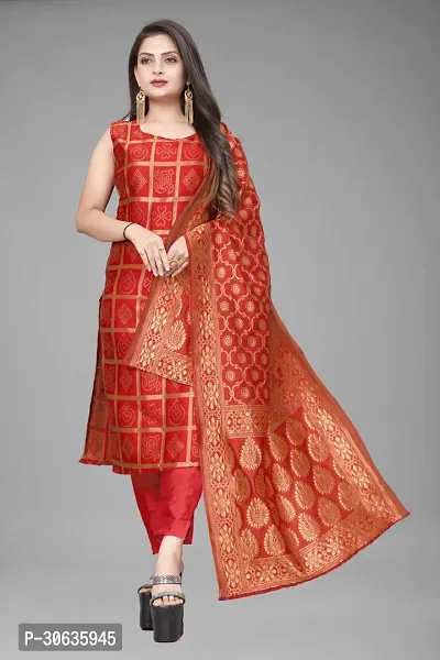 Elegant Red Banarasi Silk Jacquard Weave Dress Material with Dupatta For Women-thumb0