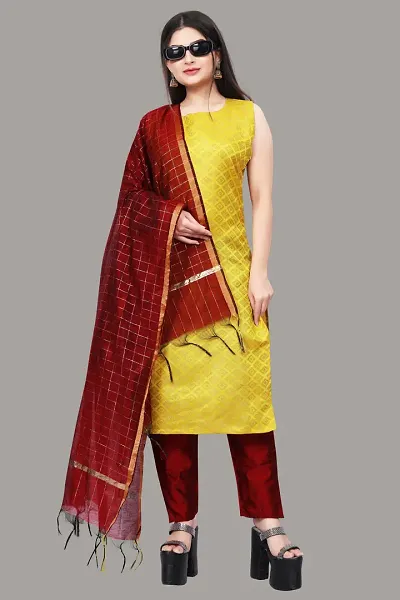 Stylish Fancy Jacquard Unstitched Dress Material Top With Bottom And Dupatta Set For Women