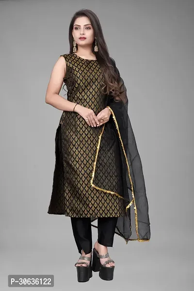 Elegant Black Banarasi Silk Jacquard Weave Dress Material with Dupatta For Women-thumb0