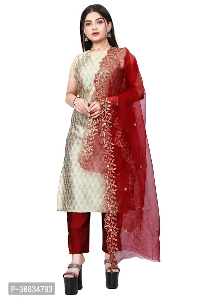 Elegant Beige Banarasi Silk Jacquard Weave Dress Material with Dupatta For Women