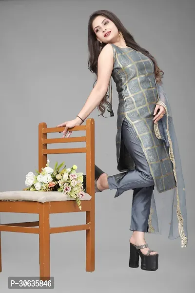 Elegant Grey Banarasi Silk Jacquard Weave Dress Material with Dupatta For Women