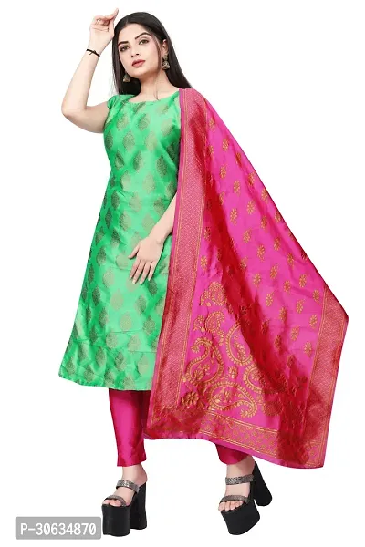 Elegant Green Banarasi Silk Jacquard Weave Dress Material with Dupatta For Women-thumb0