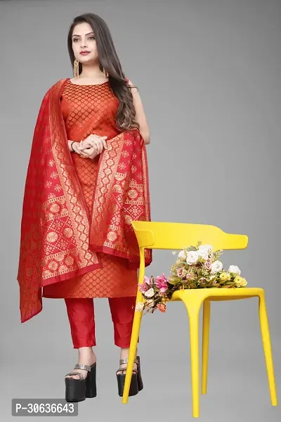 Elegant Red Banarasi Silk Jacquard Weave Dress Material with Dupatta For Women-thumb0